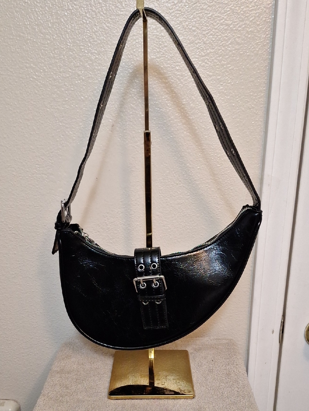 Madison West Black Faux Patent Leather Crescent Shoulder Bag